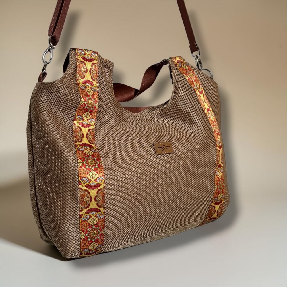 Handmade Tan Mesh Tote Bag Orange Floral Mandala Trim Hobo Crossbody